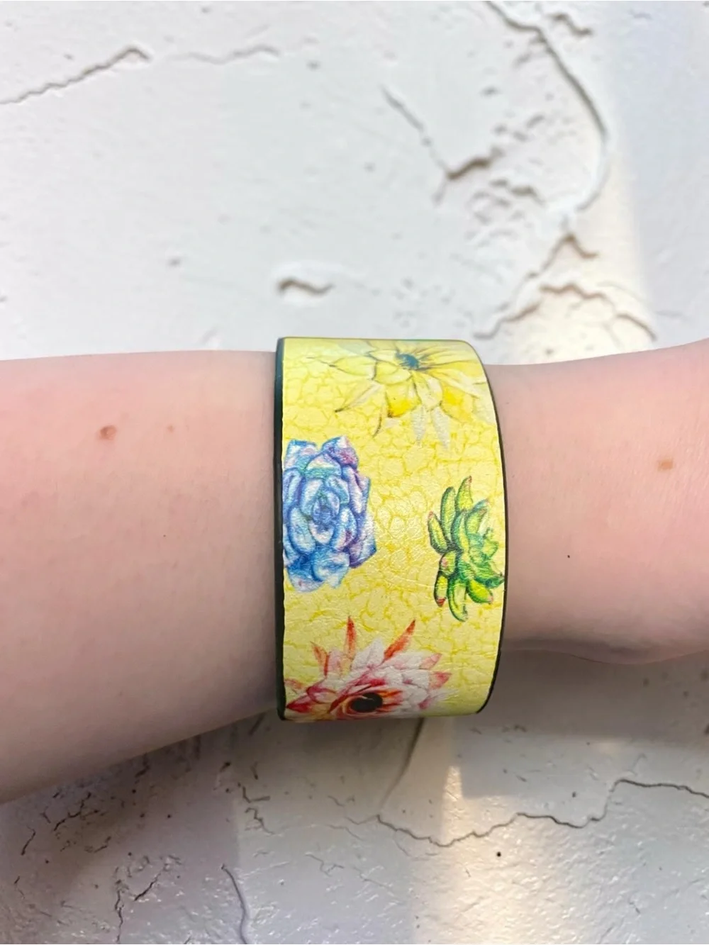 Story by Davinci Yellow Leather Floral Cuff Bracelet NWOT